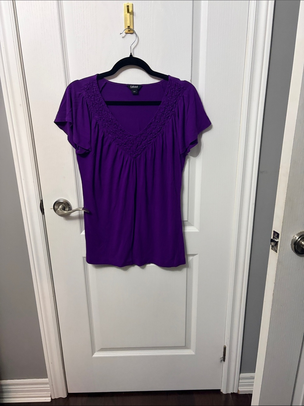 Unlisted Purple V-Neck Crochet Trim Flutter Sleeve Top